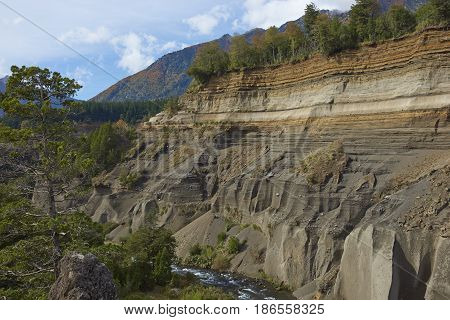 River Truful-Truful running through a deep gorge with colourful eroded cliffs in Conguillio National Park in the Araucania region of Chile