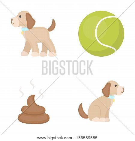 Dog sitting, dog standing, tennis ball, feces. Dog set collection icons in cartoon style vector symbol stock illustration .