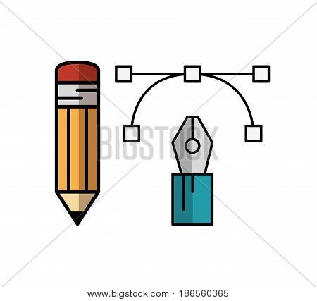 Writing pen, lines, anchor points and pencil over white background. Vector illustration.