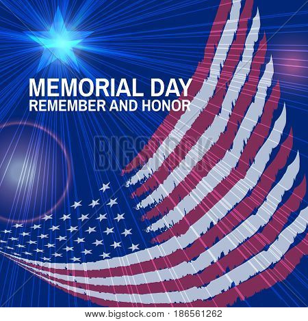 Memorial Day greeting card. Vector. Flag and star, rays, flashes on blue
