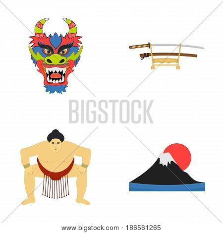 Dragon mask, katano, a man is a sumo player, a fujiama mountain.Japan set collection icons in cartoon style vector symbol stock illustration .