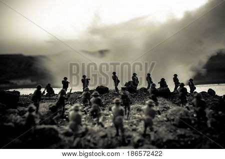 War Concept. Military Silhouettes Fighting Scene On War Fog Sky Background, World War Soldiers Silho