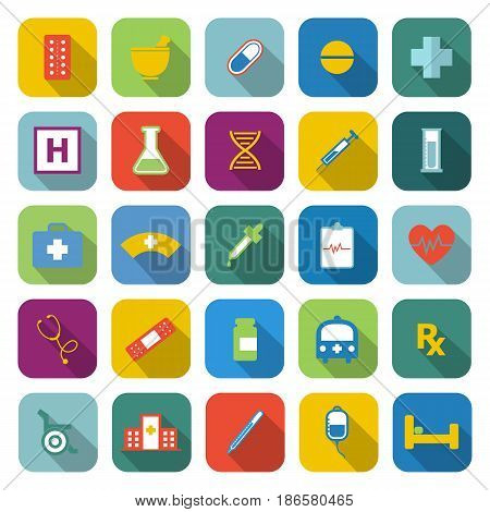 Pharmacy color icons with long shadow, stock vector