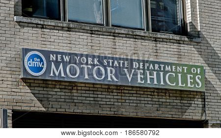 New York May 08 2017: The sign over one of the NYS DMV offices in Manhattan.