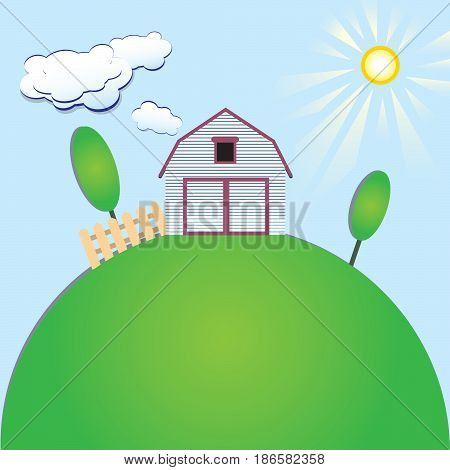 Industrial barn on the hill clouds and sun in the sky - applique.