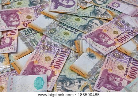 Pile of banknotes as a background (hungarian forint)