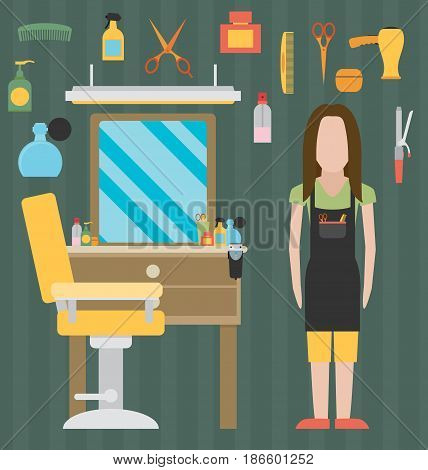 Flat barbershop. Interior and equipment icons. Vector illustration