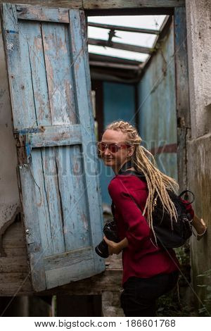 Stalker girl explores Abandoned house with the camera. Adventures and travel.