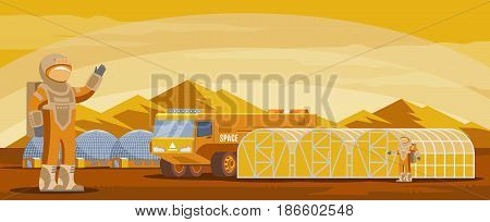 Mars colonization futuristic template with astronauts cosmic truck research and living buildings on mountain landscape vector illustration