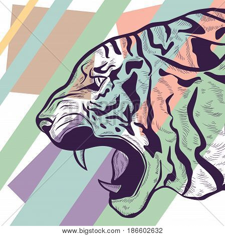 hand drawn stylized Tiger head anger. Black tattoo. Vector illustration of a tiger head. outline illustration banner.