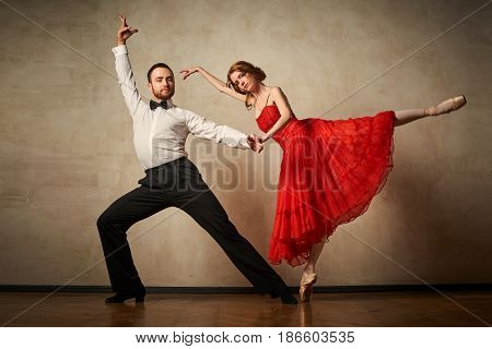 Female ballet dancer and male latin dancer mix the styles together.