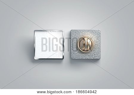 Blank white enamel pin mock up front and back side view 3d rendering. Empty luxury hard lapel badge mockup. Silver clasp-pin design template. Matal square brooch for logo presentation.