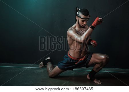 Muay Thai Athlete Training At Thai Boxing Indoors, Ultimate Fight Concept
