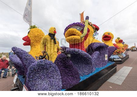 NOORDWIJK NETHERLANDS - 22 APRIL 2017: Platform with tulips and hyacinths during the traditional flowers parade Bloemencorso from Noordwijk to Haarlem in the Netherlands.