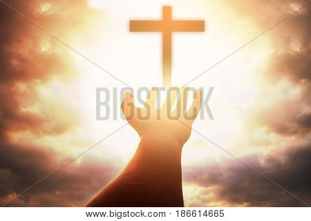 Human hands open palm up worship. Eucharist Therapy Bless God Helping Repent Catholic Easter Lent Mind Pray. Christian concept background.