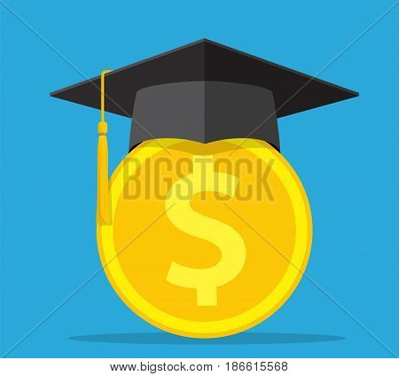 investment in education concept. Conception of education fee, education expenses, school tuition cost, graduation cap with coin. vector illustration in flat style