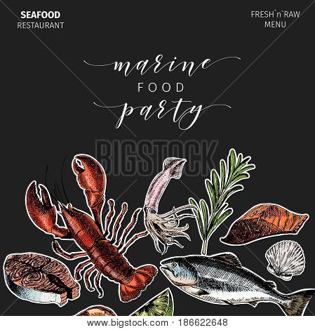 Vector hand drawn seafood banner.colored Lobster salmon crab shrimp octopus squid clams.Engraved art. Sticker style. border template. Delicious menu objects restaurant promotion market store flyer