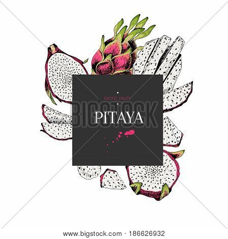  hand drawn smoothie bowls poster. Exotic colored engraved fruits. Square border composition. Piataya whole half slices and balls. Use for exotic restaurant food partty