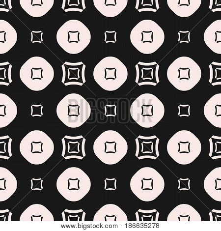 Vector seamless pattern, minimalist geometric monochrome texture with simple figures, smooth outline squares, circles, regular grid. Abstract contrast background, repeat tiles. Stylish design element