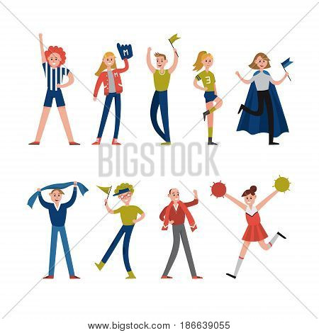 Smiling sport fans and supporters characters. Support for team sports vector Illustrations isolated on a white background