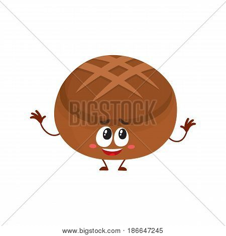 Funny round whole wheat, dark, brown bread loaf character with smiling human face, cartoon vector illustration isolated on a white background. Round smiling crispy brown bread loaf character, mascot