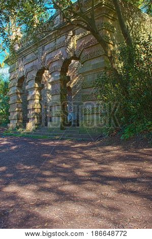 Bristol UK - April 02 2017: View of Vanbrugh's Echo pavilion showing the lost statue at the centre. The Echo is a loggia at the end of the southeast axis of the Kings Weston house in Bristol Uk