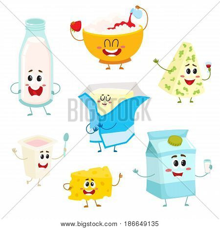 Set of funny dairy products with smiling human faces, cartoon vector illustration isolated on a white background. Cute and funny milk, blue, cottage, farm cheese, yogurt, butter dairy product set