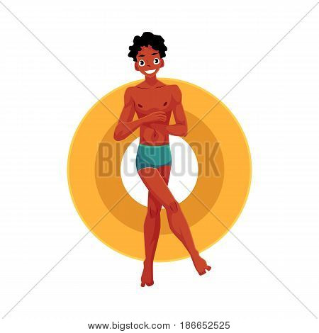 Young black, African American man resting on inflatable ring with crossed arms and legs, top view cartoon vector illustration isolated on white background. Young black man, boy on inflatable ring