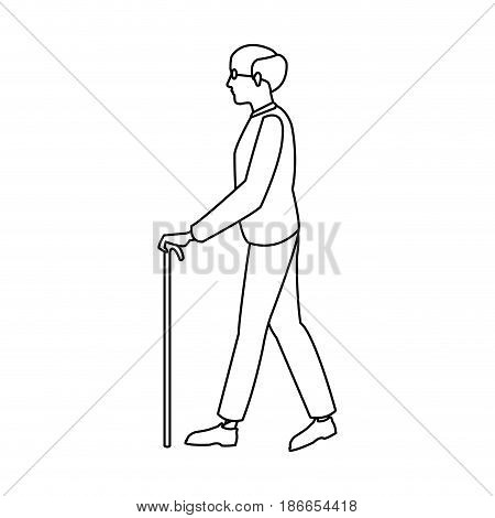 bald man elderly walking with cane stick outline vector illustration