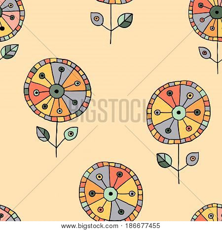 Seamless vector hand drawn doodle childlike floral pattern. Background with childish flowers, leaves. Decorative cute graphic line drawing illustration. Print for wrapping, background, fabric, decor