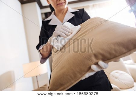 Cleaning service. Close up of a sofa cushion being cleaned by a professional good looking chambermaid while doing the room service