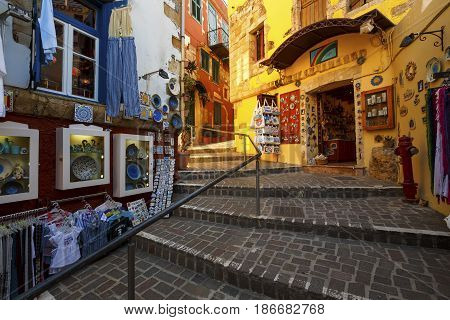 CHANIA, GREECE - APRIL 15, 2017: Shops in the old town of Chania on Crete island, Greece on April 15, 2017.