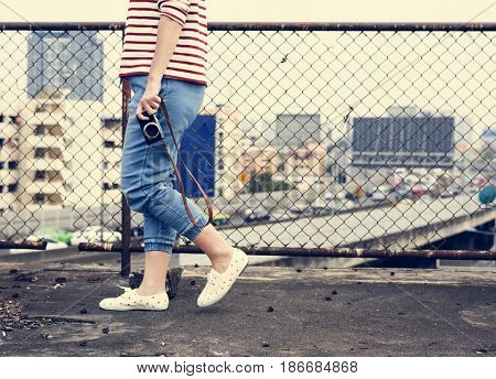 Woman traveler photographer holiday lifestyle trip