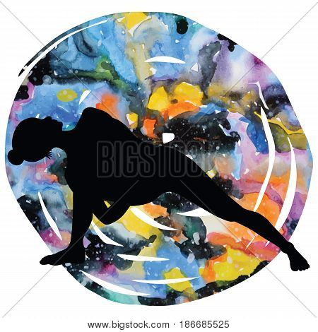 Women silhouette on galaxy astral background. Fully Bound Side Angle Yoga Pose Baddha Parsvokanasana Vector illustration