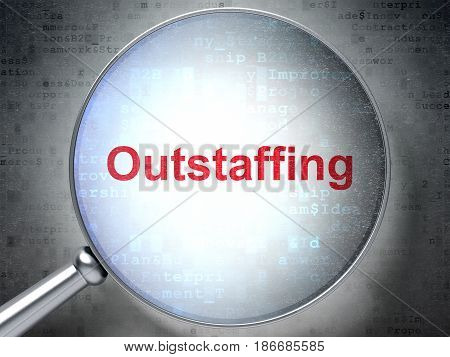 Business concept: magnifying optical glass with words Outstaffing on digital background, 3D rendering