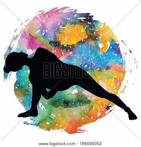 Women silhouette on galaxy astral background. Fully Bound Side Angle Yoga Pose Baddha Parsvokanasana Vector illustration