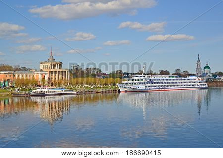Tver Russia - may 07.2017. Pleasure craft and motor shipon pier at a river station
