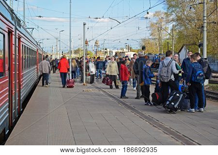 Tver Russia - may 07.2017. People go to the train at the station