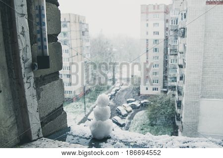 snowman at april day anomaly spring weather