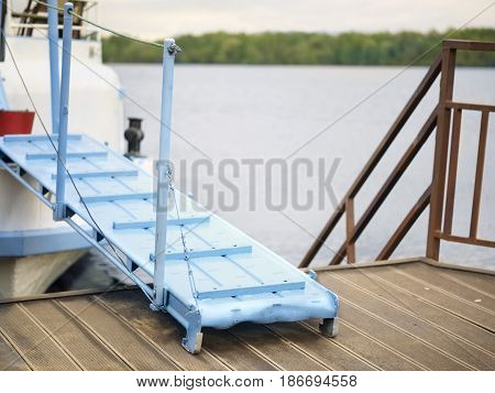 A marina with ship and gangplank outdoor shot concept of travel by water