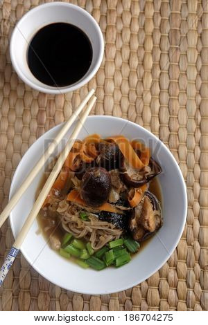 Japanese shiitake, soba, and tofu soup