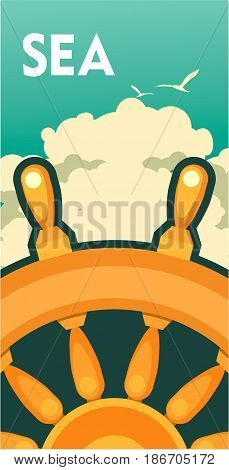Vector illustration vintage naval tour banner part of the steering wheel on sea sky background