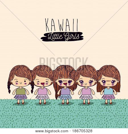 light yellow background set cute full body kawaii little girls vector illustration