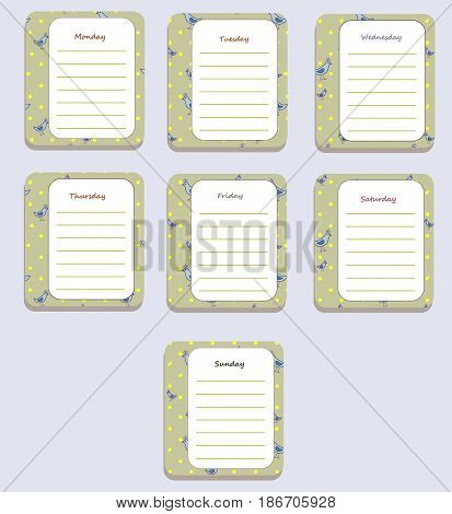 The sheets of the planner for weekly planning in sweet cartoon birds with the names of the days of the week. Diary.Vector illustration.