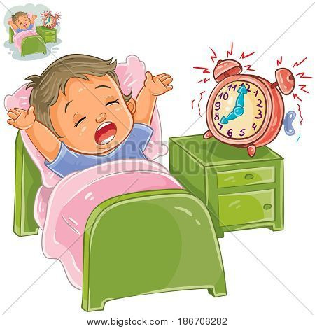 Vector illustration of a little child woke up in the morning from ringing the alarm clock and stretches in bed. Print, template, design element