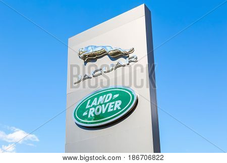 Samara Russia - May 13 2017: Jaguar Land Rover automobile dealership sign. Jaguar is a brand of the British car manufacturer Jaguar Land Rover