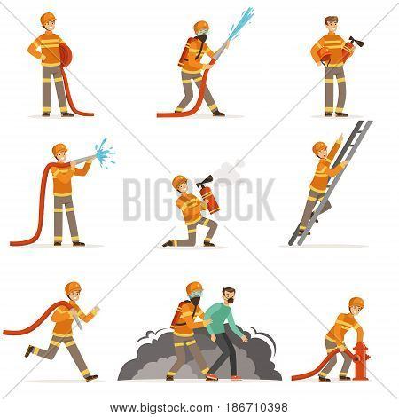 Firemen characters doing their job and saving people set. Firefighter in different situations cartoon vector Illustrations isolated on white background
