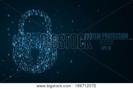 A glowing blue lock from the binary code. High technology in design. The system is under reliable protection. Bright glow. Vector illustration. EPS 10