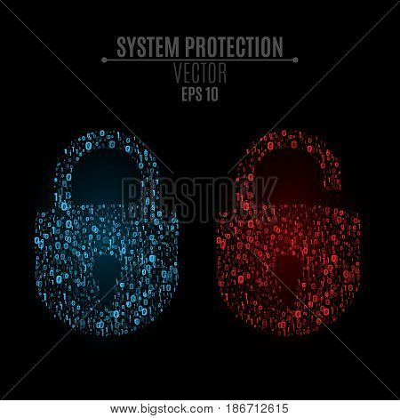 Luminous locks of blue and red colors from binary code. High technology in design. The system is under reliable protection. Bright glow. Vector illustration. EPS 10