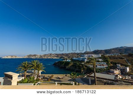 Mediterranean Sea. View from the hillside Mononaftis village of the bay the area Agia Pelagia Crete. Greece.